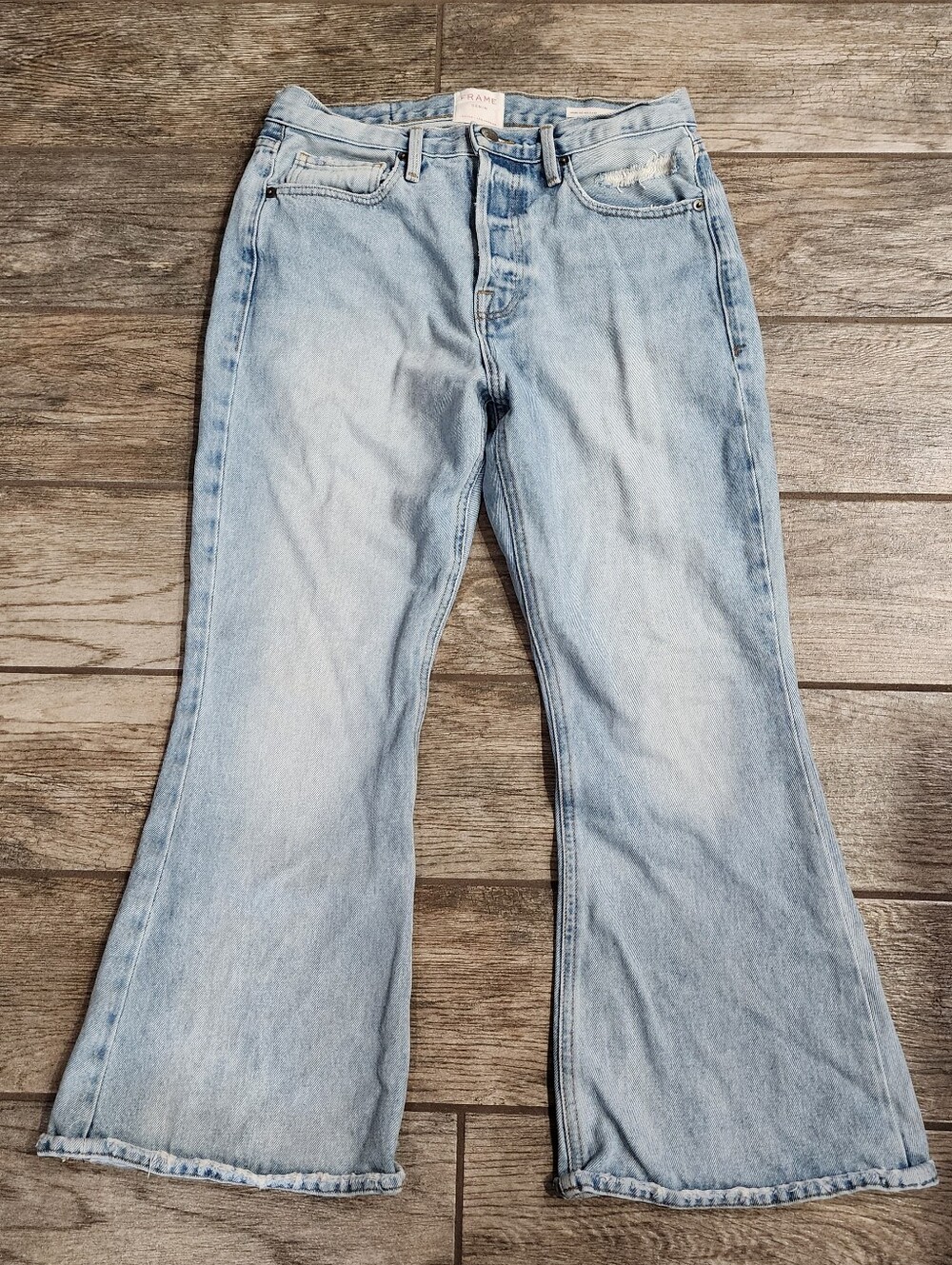 Frame Denim Le Cropped Flare Jeans Light wash, high waist distressed Womens 28"